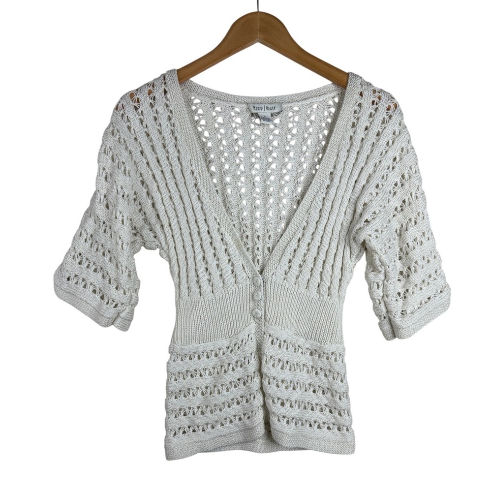 White House Black Market Open Knit Short Sleeve Button Front Cardigan White S